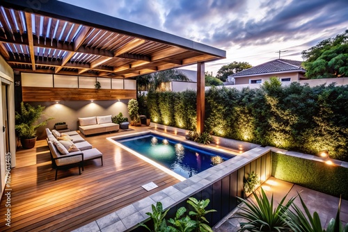 Urban Oasis: Backyard with Pool and Cozy Living Room Under Pergola