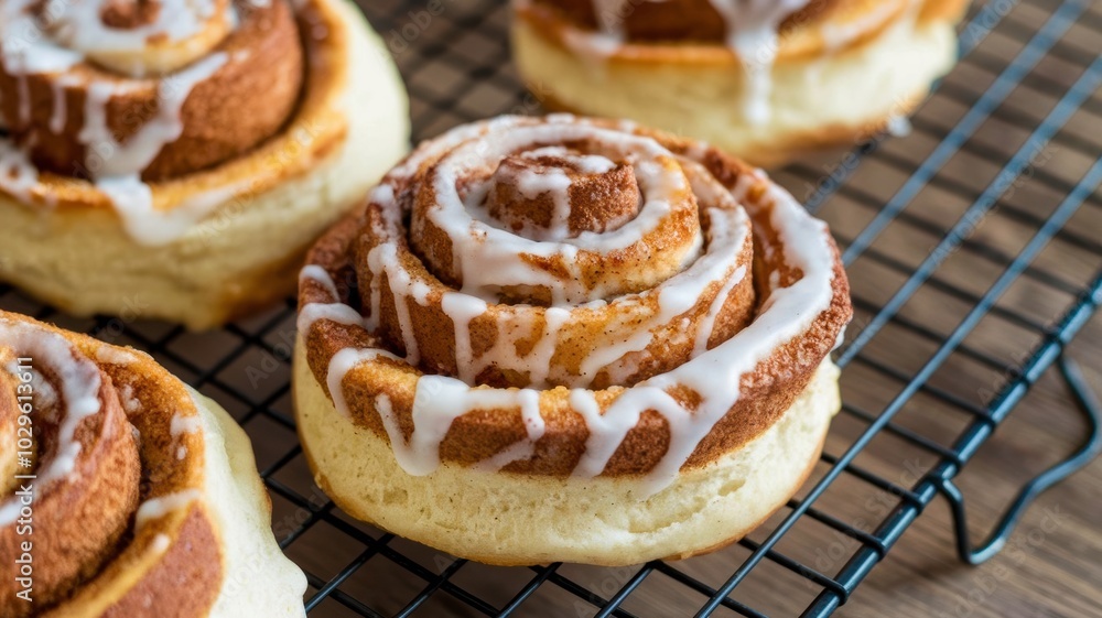 Delicious Cinnamon Buns Cooling on a Wire Rack After Baking in Warm Kitchen. Generative AI Delicious Cinnamon Buns Cooling on a Wire Rack After Baking in Warm Kitchen. Generative AI