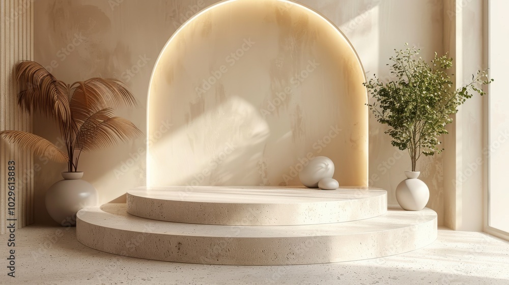 A serene interior space with curved steps, plants, and soft lighting. A serene interior space with curved steps, plants, and soft lighting.