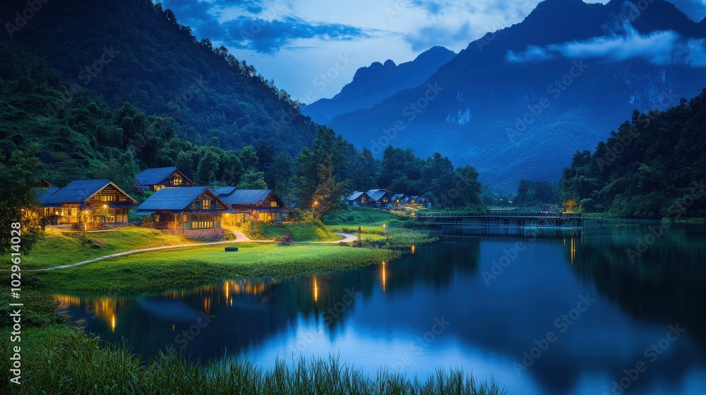 Fototapeta premium A serene lakeside scene at dusk with illuminated cabins nestled among mountains.