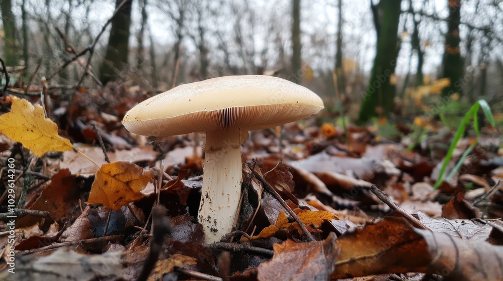 Mushroom amid autumn leaves in forest Mushroom amid autumn leaves in forest