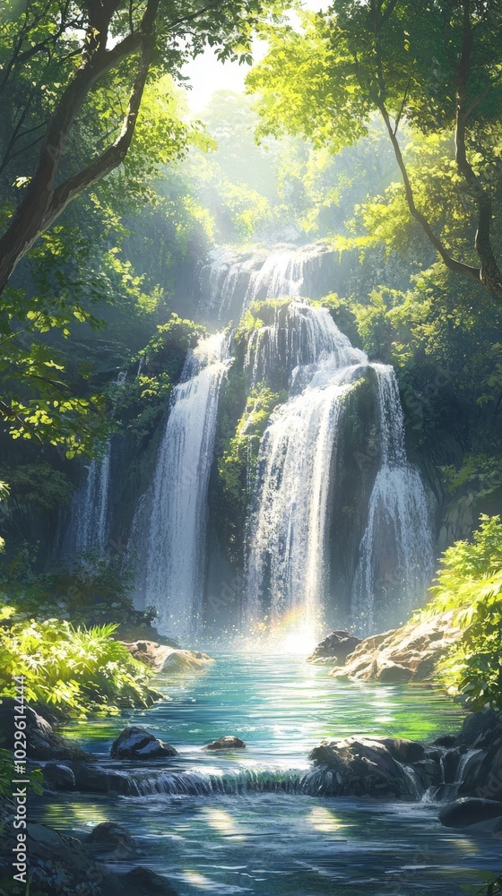 Obraz premium Waterfall Cascading Into Clear River. Lush Green Forest Rainbow Mist Wallpaper Background.