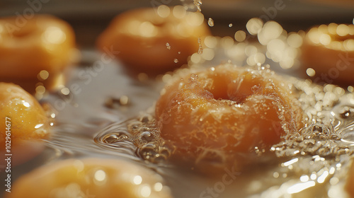 a close-up view of several donuts frying in hot, bubbling oil