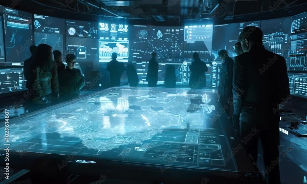 A high-tech control room featuring a holographic map and personnel analyzing data. A high-tech control room featuring a holographic map and personnel analyzing data.