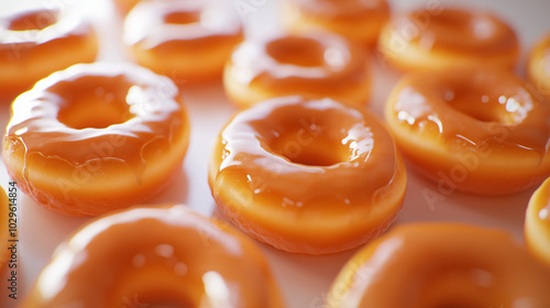 a dozen donuts with a golden, crispy texture arranged close-up on a smooth, light background
