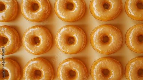 a dozen donuts with a golden, crispy texture arranged close-up on a smooth, light background