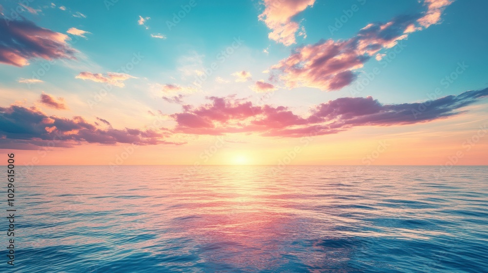 A serene ocean view at sunset, showcasing vibrant colors and calm waters.