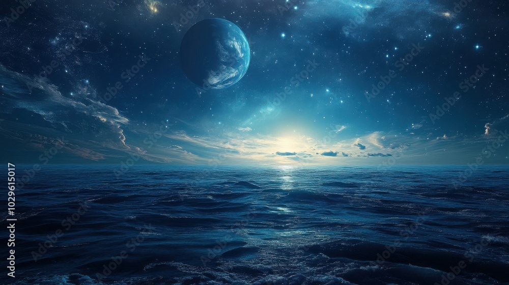 A serene ocean view under a starry sky with a large planet in the background. A serene ocean view under a starry sky with a large planet in the background.
