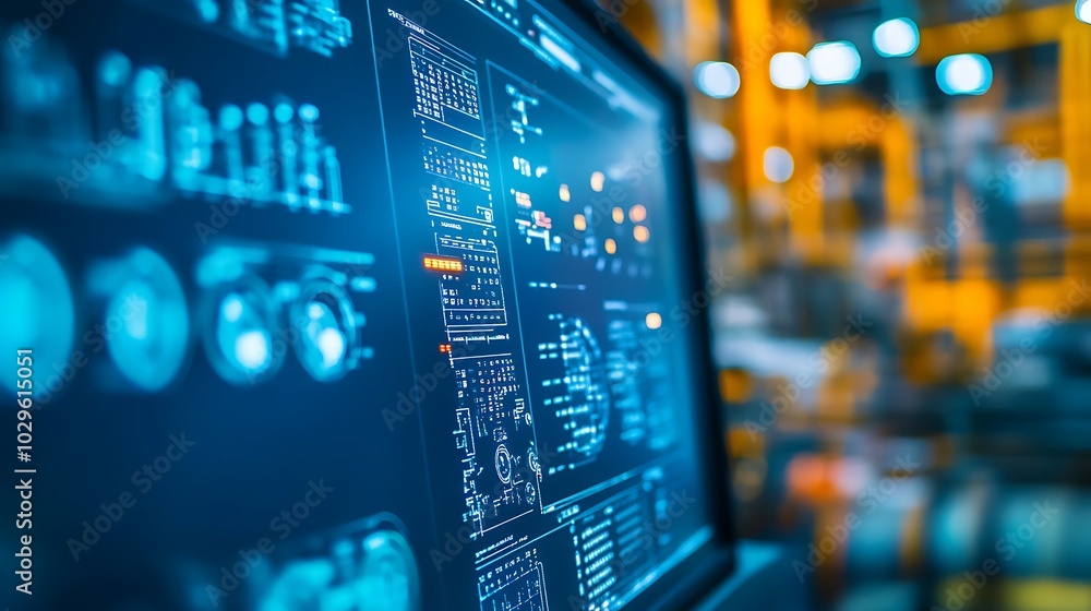 Close up of a computer screen displaying data and charts in a factory setting. Close up of a computer screen displaying data and charts in a factory setting.