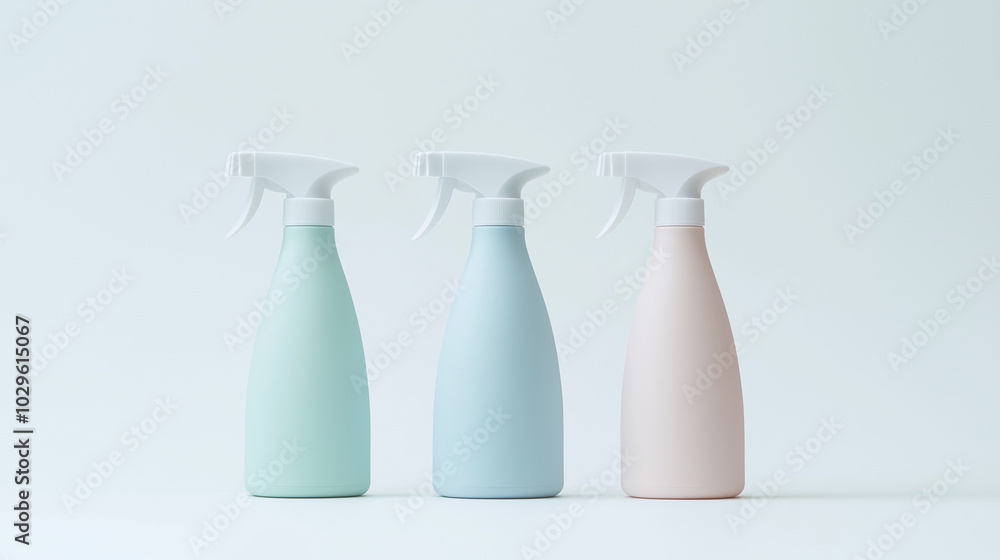 a front, slightly angled view of three cleaning spray bottles placed upright and spaced equally in the center of a white background a front, slightly angled view of three cleaning spray bottles placed upright and spaced equally in the center of a white background