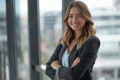 Free Download Portrait of a joyful mixed race businesswoman confidently standing with arms crossed in her office, exemplifying a successful entrepreneur - GFXLoad