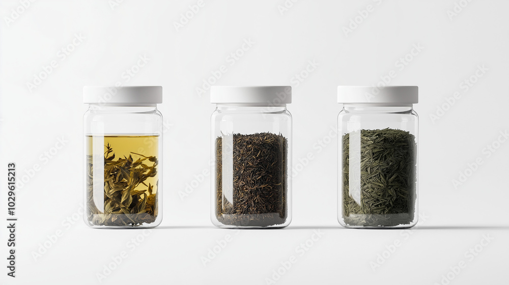 a front, slightly angled view of three jars containing tea leaves placed upright and spaced equally in the center of a white background a front, slightly angled view of three jars containing tea leaves placed upright and spaced equally in the center of a white background