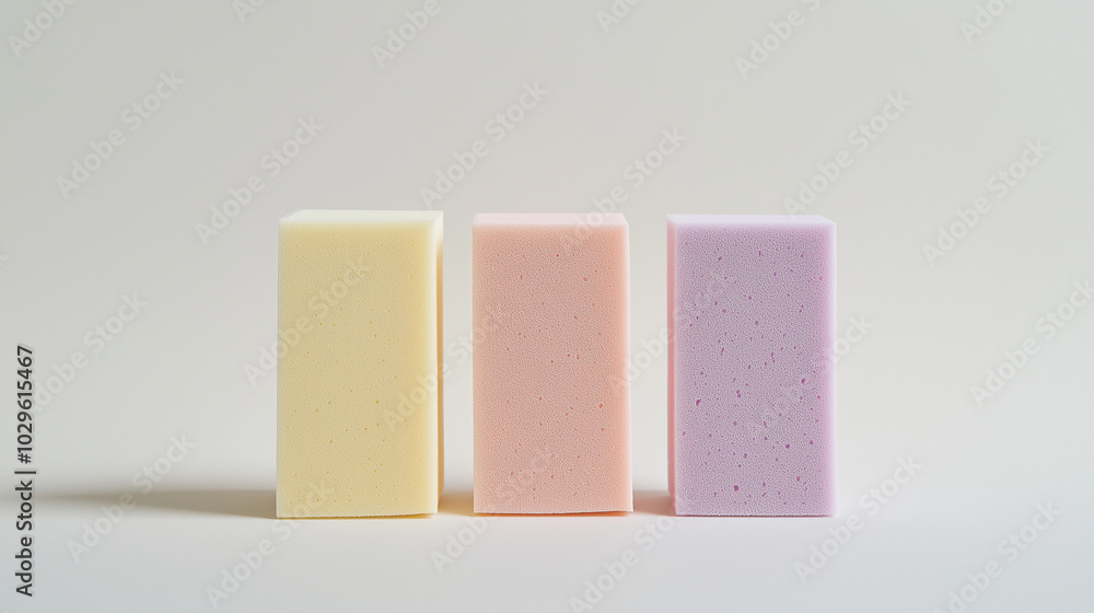 a front, slightly angled view of three kitchen sponges placed upright and spaced equally in the center of a white background