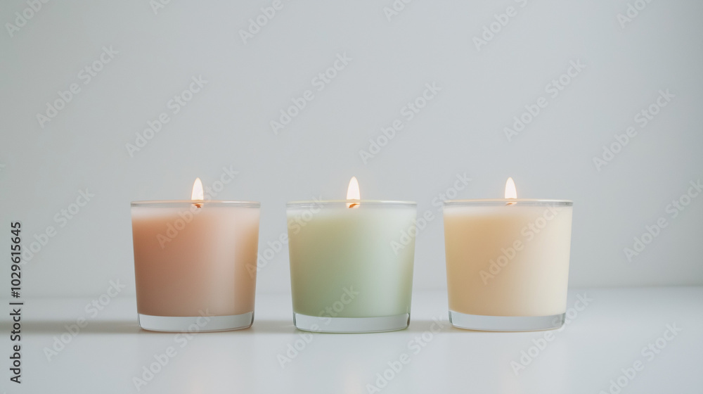 a front view of three candles placed upright and spaced equally in the center of a white background a front view of three candles placed upright and spaced equally in the center of a white background