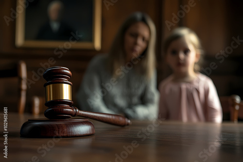 Candid photograph of a child and mother in the foreground, with a blurred judge holding a gavel in the background during a family court session