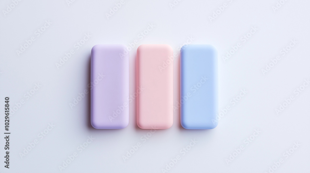 a front view of three erasers placed upright and spaced equally in the center of a white background a front view of three erasers placed upright and spaced equally in the center of a white background