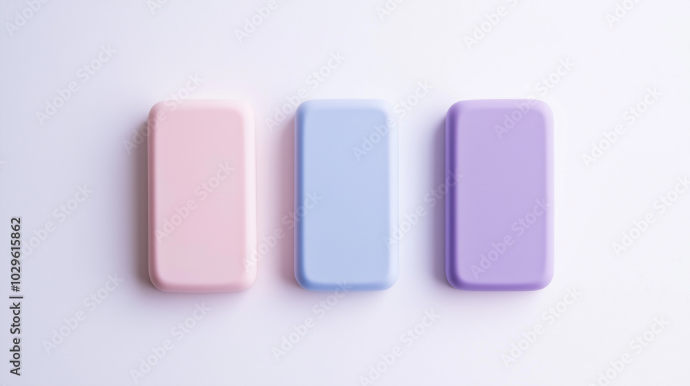 a front view of three erasers placed upright and spaced equally in the center of a white background