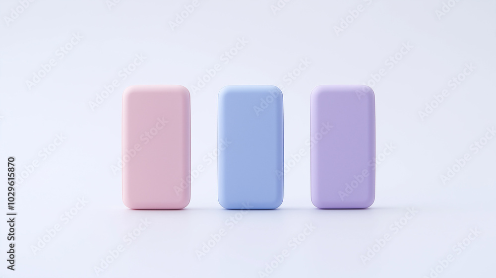 a front view of three erasers placed upright and spaced equally in the center of a white background a front view of three erasers placed upright and spaced equally in the center of a white background
