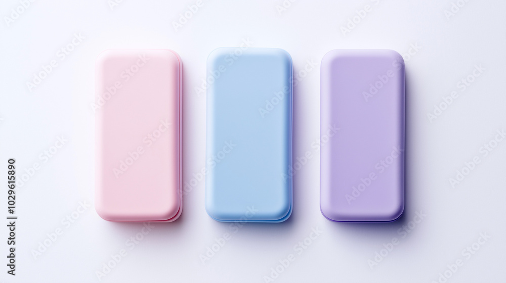 a front view of three erasers placed upright and spaced equally in the center of a white background a front view of three erasers placed upright and spaced equally in the center of a white background