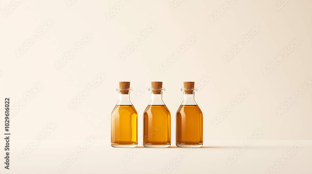 a front view of three glass bottles containing essential oils placed upright and spaced equally in the center of a white background