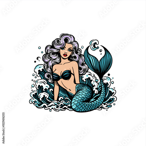 illustration mermaid sirene goddess hand-drawing vector	
