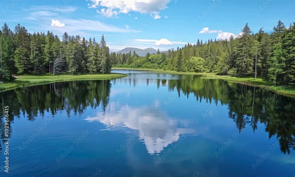 A serene lake reflecting the sky and trees, surrounded by lush greenery and mountains in the background. A serene lake reflecting the sky and trees, surrounded by lush greenery and mountains in the background.
