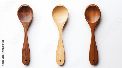 a front view of three wooden spoons placed upright and spaced equally in the center of a white background