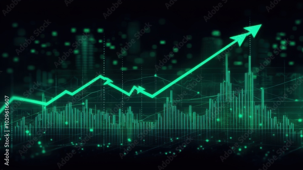 Naklejka premium Dynamic green stock market graph with sharp upward trend and large bullish arrows, exuding bold, modern energy. 