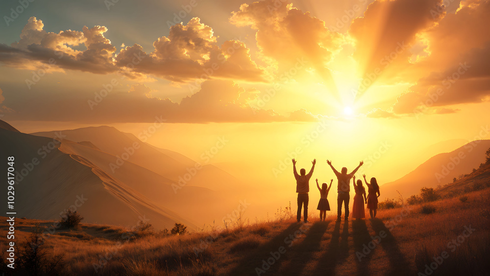 Fototapeta premium A beautiful sunrise scene where the sky opens up, and a family stands together, raising their hands in unity and hope, capturing a sense of togetherness