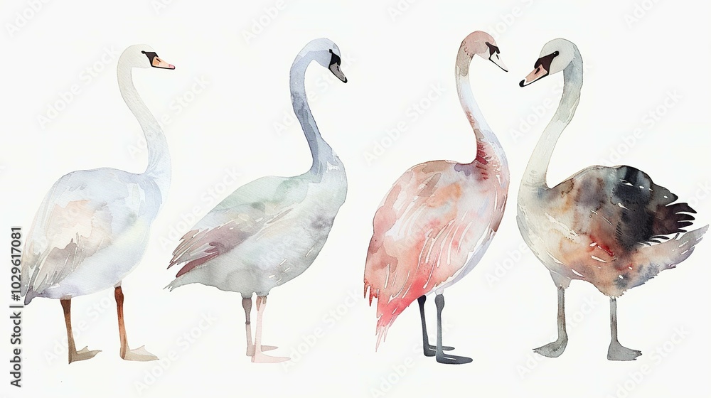 Obraz premium Watercolor Painting of Four Swans with Varying Colors and Poses