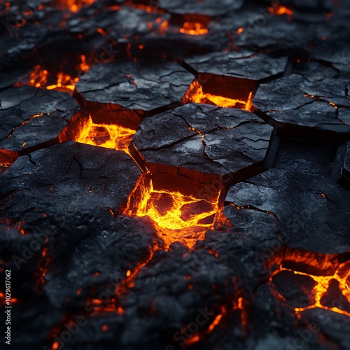 A close-up view of cracked volcanic terrain with glowing lava flowing between the fissures.