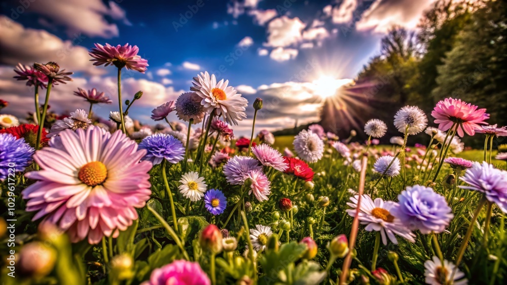 Fototapeta premium Vibrant Landscape of Blooming Flowers in Lush Green Grass - Nature's Beauty Unveiled