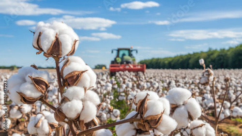 A field of cotton flowers with a tractor in the background. Scene is peaceful and serene, as the cotton flowers are in full bloom and the tractor is working in the background