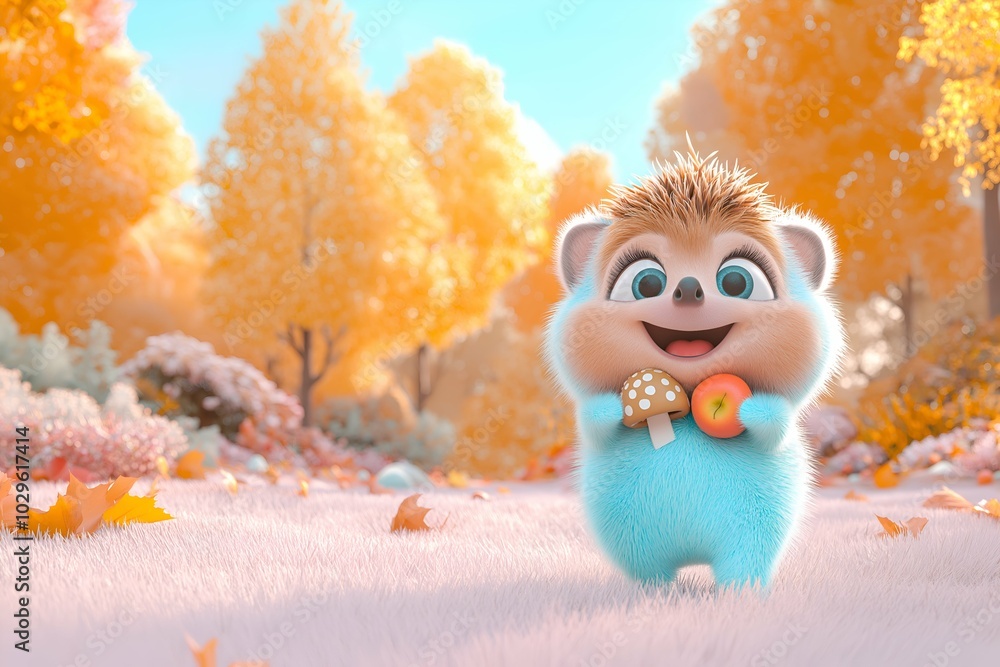 Obraz premium Cheerful hedgehog character with mushroom and apple in autumn forest
