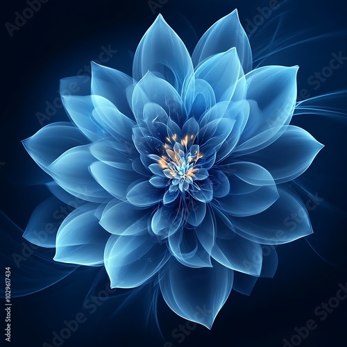 A luminous blue flower with intricate petals and a glowing center against a dark background.