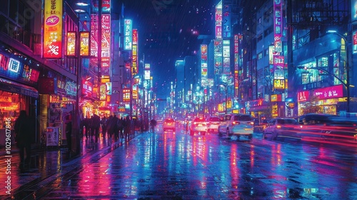 A stunning view of a bustling street in Tokyo, Japan, illuminated by colorful neon signs and reflected in a rain-soaked pavement. Captivating urban atmosphere. photo