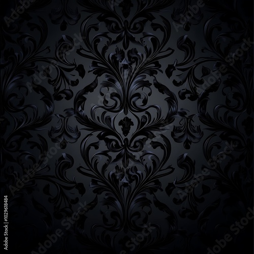 A textured black floral wallpaper design featuring intricate patterns.