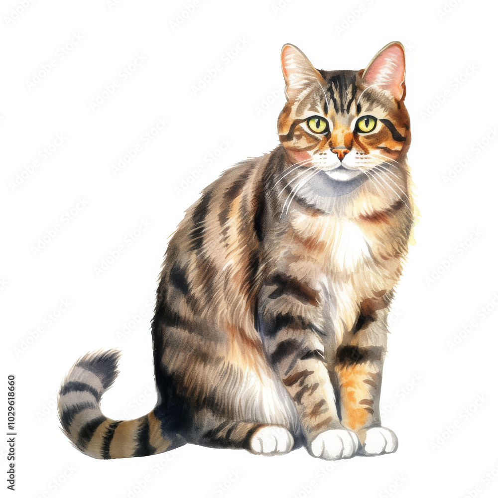 Fototapeta premium Realistic Watercolor Illustration of a Tabby Cat - Ideal for Pet Lovers and Artistic Projects