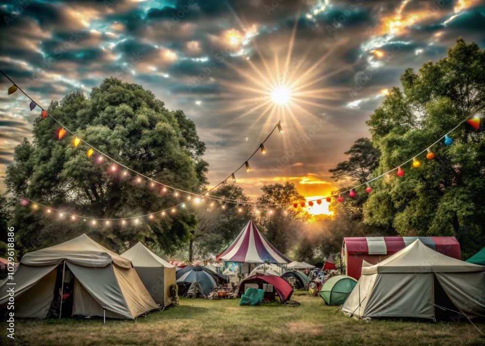 Vibrant Summer Music Festival Campground Scene with High Dynamic Range Illustration Vibrant Summer Music Festival Campground Scene with High Dynamic Range Illustration