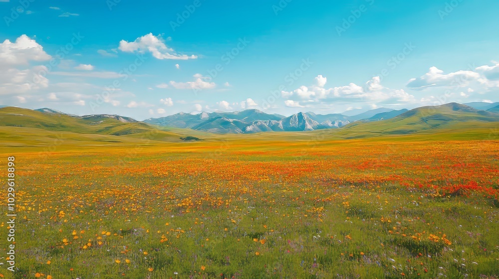 Aerial View of Rolling Meadow with Wildflowers. Mountains in Distance. Aerial View of Rolling Meadow with Wildflowers. Mountains in Distance.