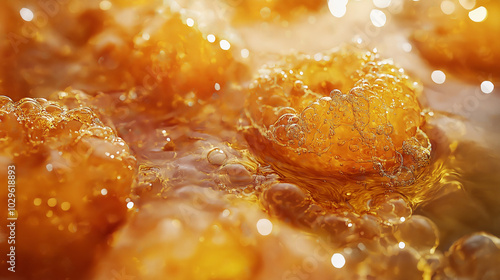 several donuts are frying in bubbling oil, with one donut in sharp focus amidst the golden, shimmering surface of the oil
