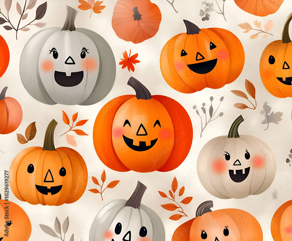 Cheerful pumpkin character pattern with a orange, gray and white color Cheerful pumpkin character pattern with a orange, gray and white color