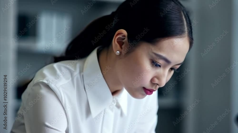 A young Asian woman and a serious expression, wearing a tailored navy blazer and pencil skirt, sits at a modern office desk. She is reviewing detailed sales charts, her eyes intensely focused. A young Asian woman and a serious expression, wearing a tailored navy blazer and pencil skirt, sits at a modern office desk. She is reviewing detailed sales charts, her eyes intensely focused.