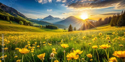 Vibrant Yellow Flowers Surrounded by Lush Green Grass in a Scenic Landscape