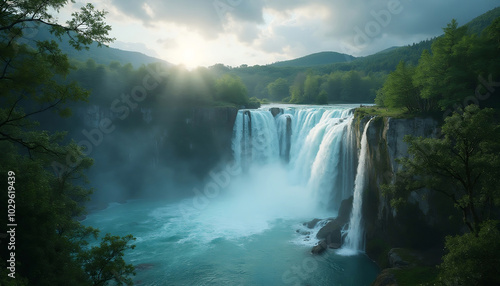 View of the waterfalls at the Krka National Park in Croatia during a sunrise