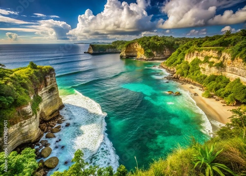 Vintage Aerial View of Balangan Beach with Nature Background and Dramatic Cliffs photo