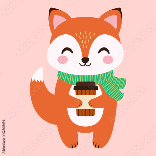 Cute fox and a glass of coffee. Vector flat illustration
