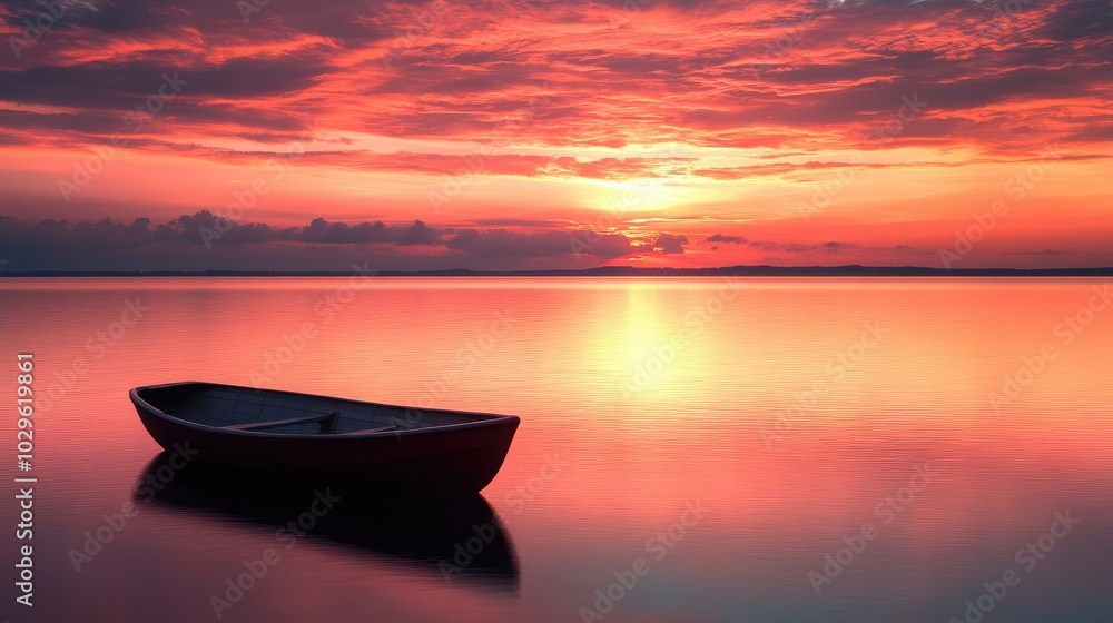 A vibrant sunset reflecting on a calm lake, with pink and orange hues and a lone rowboat drifting peacefully, ideal for serene nature scenes A vibrant sunset reflecting on a calm lake, with pink and orange hues and a lone rowboat drifting peacefully, ideal for serene nature scenes