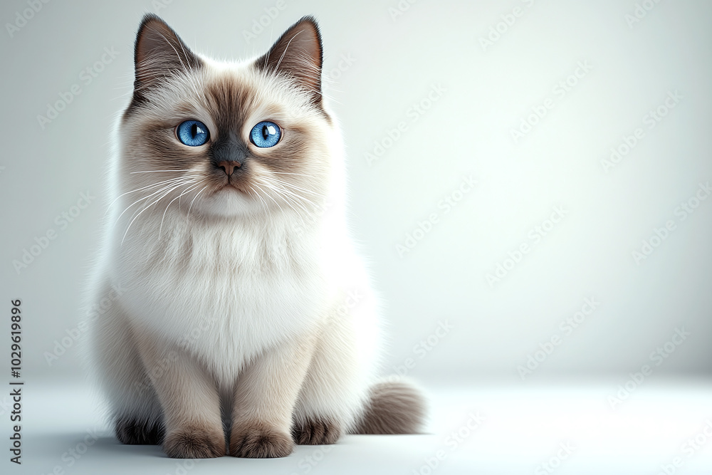 Cute Birman Cat: A Birman cat with its soft, creamy coat and blue eyes sitting gracefully against a white background Cute Birman Cat: A Birman cat with its soft, creamy coat and blue eyes sitting gracefully against a white background