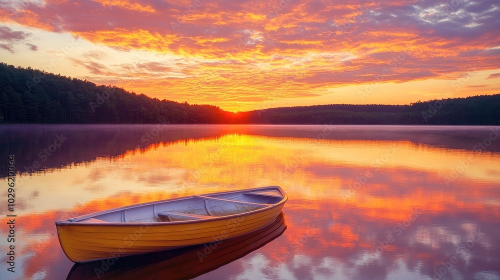 Vibrant sunset over a calm lake, reflecting orange and pink skies, with a lone rowboat floating peacefully, ideal for tranquil nature scenes Vibrant sunset over a calm lake, reflecting orange and pink skies, with a lone rowboat floating peacefully, ideal for tranquil nature scenes
